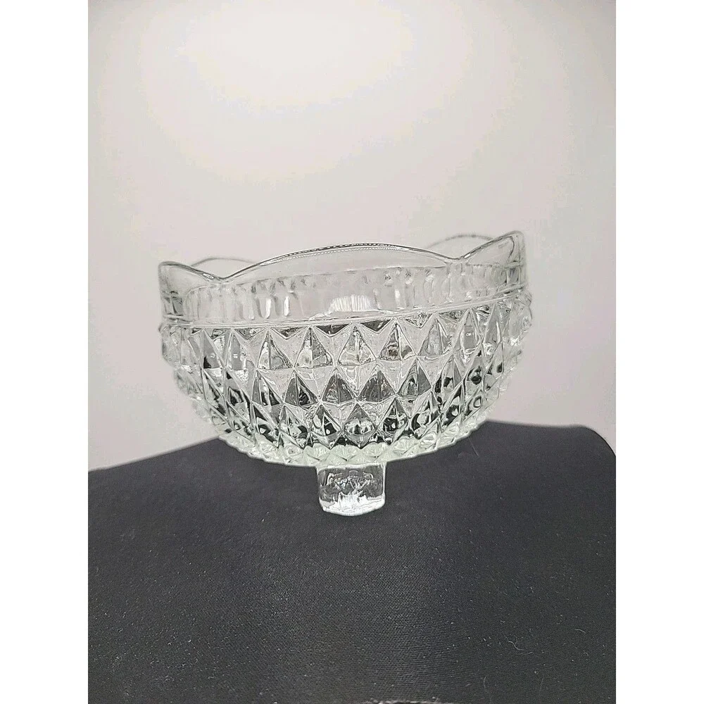 Vintage Indiana Glass Diamond Point Crystal Footed Candy Dis. Scalloped Rim. 5”